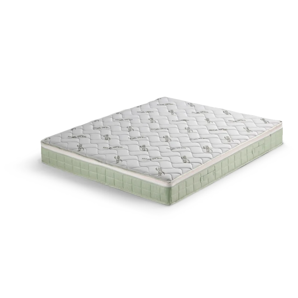 Materasso Comfort fotografato su fondo bianco con rivestimento trapuntato e fascia laterale verde chiaro.